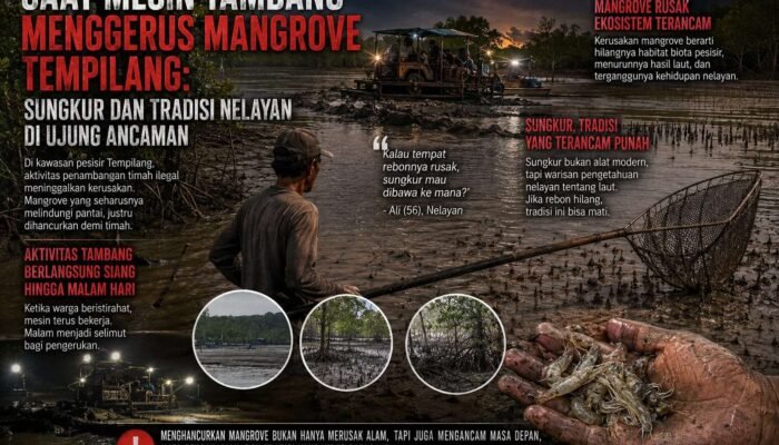 Lubang Tambang Ilegal Menggantikan Rumah Rebon, Sungkur dan Mangrove Nelayan Tempilang di Ujung Senja